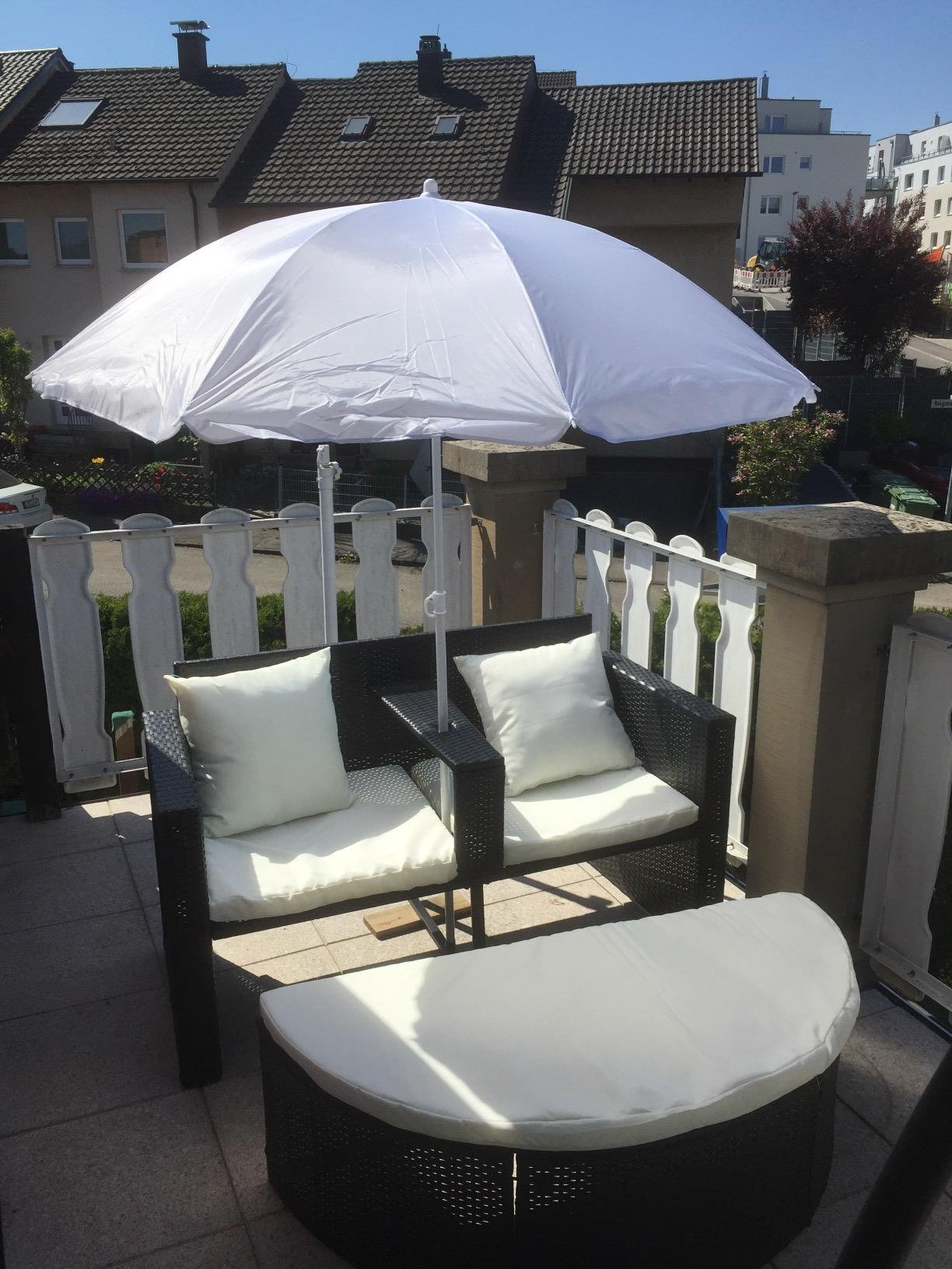 vidaXL Heim & Garten Gartenbett Poly Rattan Schwarz-Weiß mit Schirm