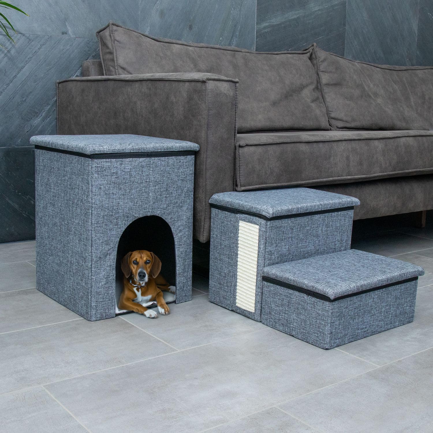 Intirilife Hundetreppe faltbar Grau 3 Stufen 72x32,5x43 cm