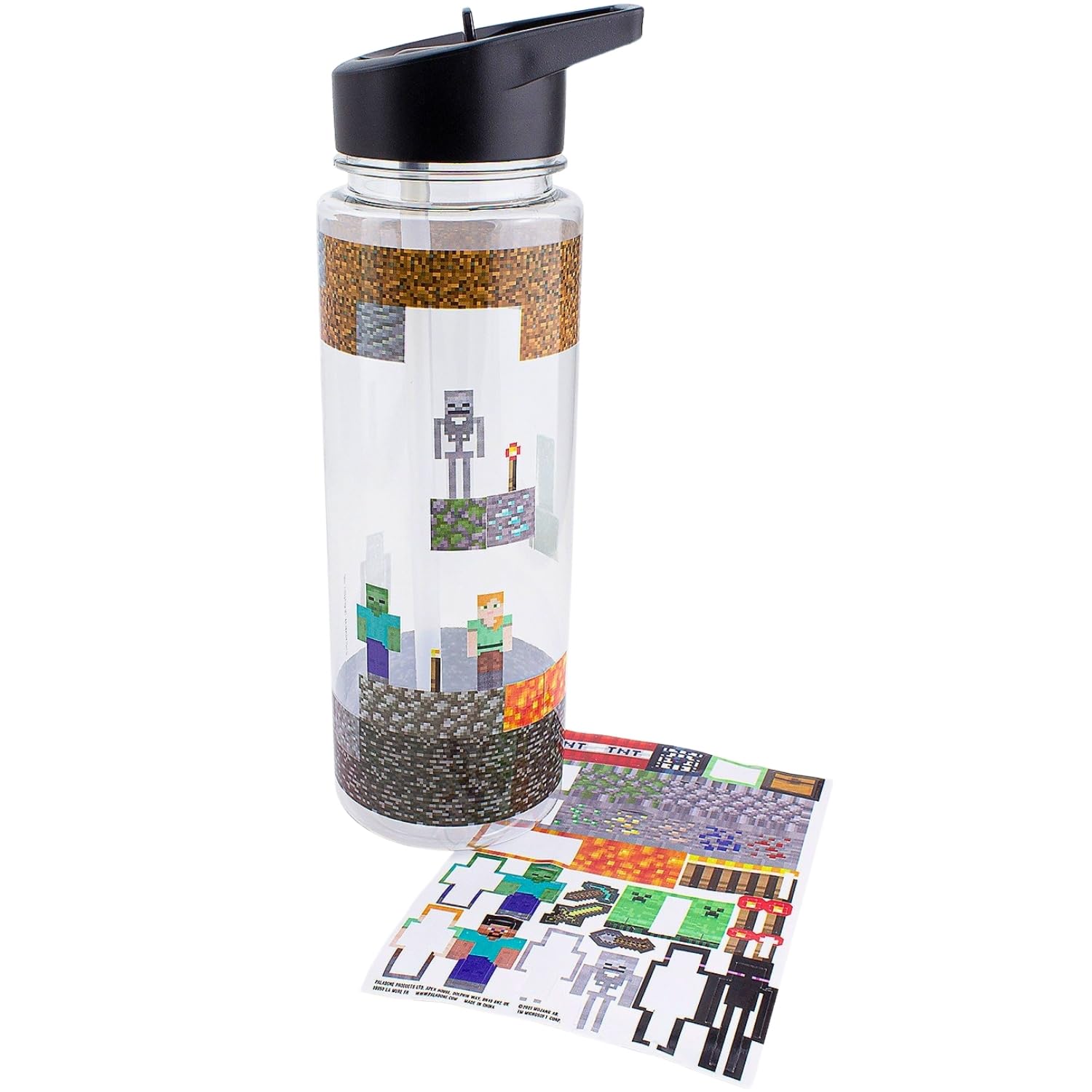 Paladone Minecraft Trinkflasche 650ml mit Sticker Set grau