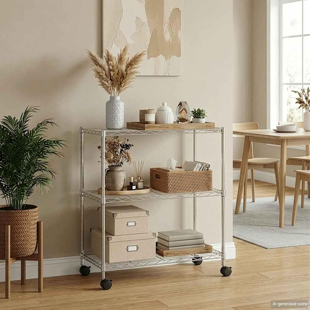 vidaXL Lagerregal Chrom 60x35x81 cm 3 Böden mit Rollen Eisen