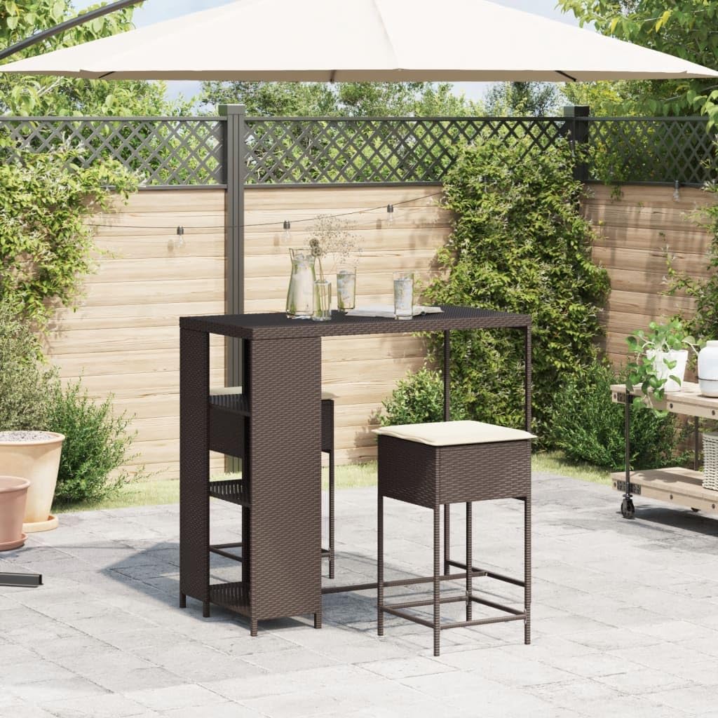 vidaXL Gartenbar-Set Rattan Braun 2 Barhocker mit Kissen