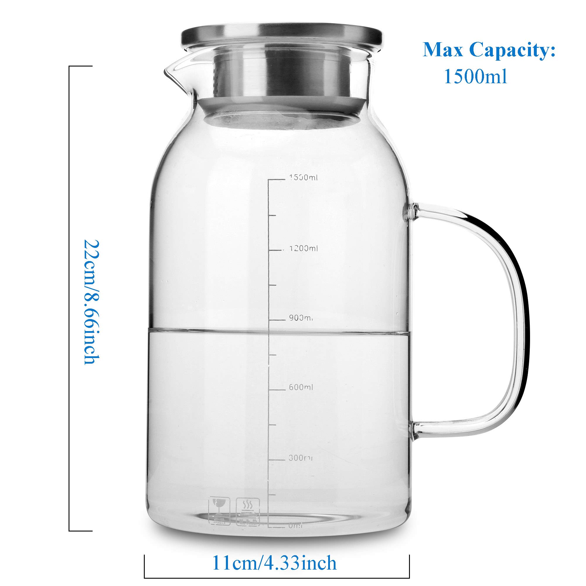 Intirilife Karaffe mit Filter 1,5 L Borosilikatglas Glaskrug