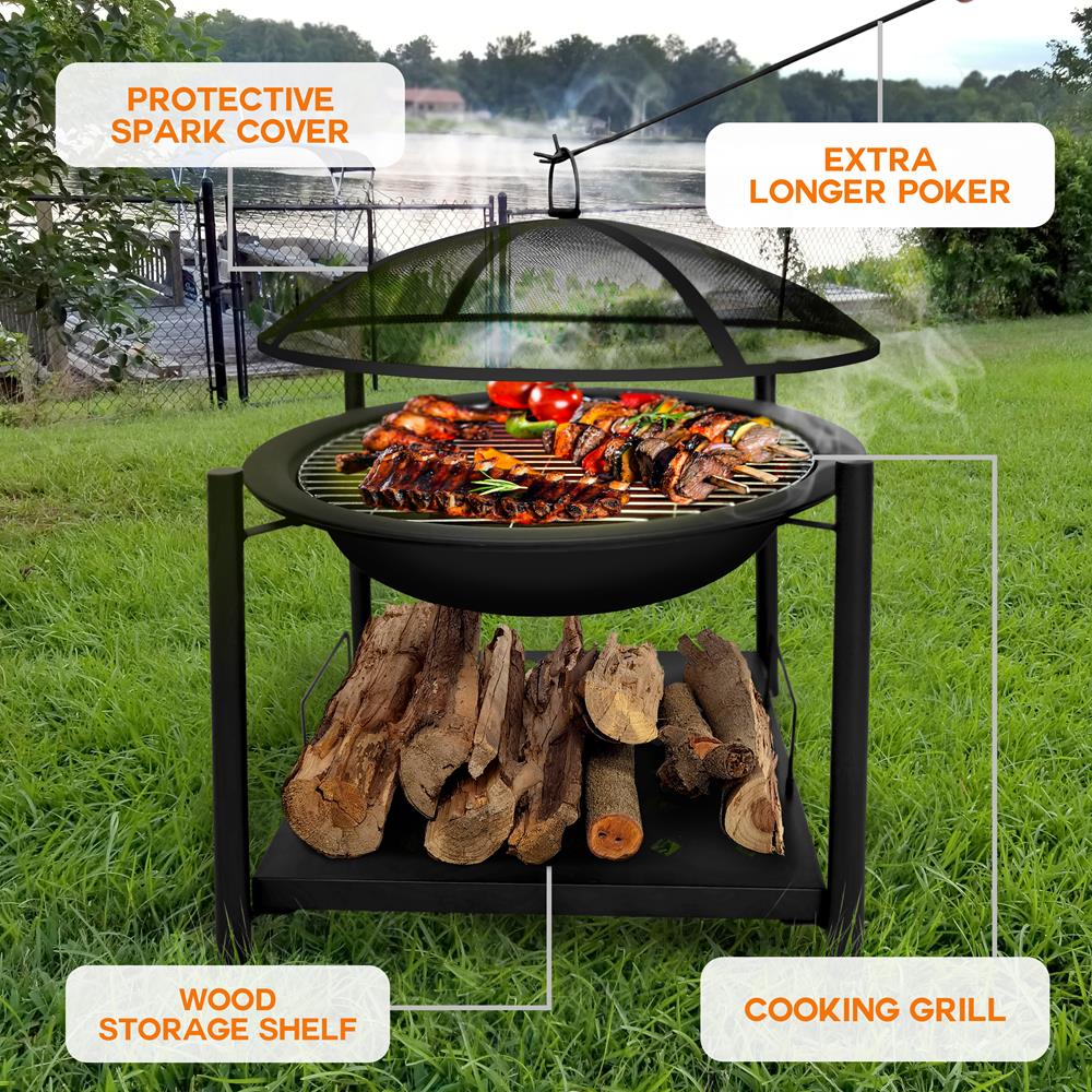 Serenelife Fire Pit Feuerschale 26 Zoll mit Grill Schwarz