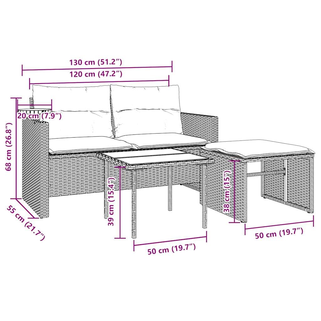 vidaXL Heim & Garten 3-tlg Gartensofa-Set Polyrattan grau mit Kissen