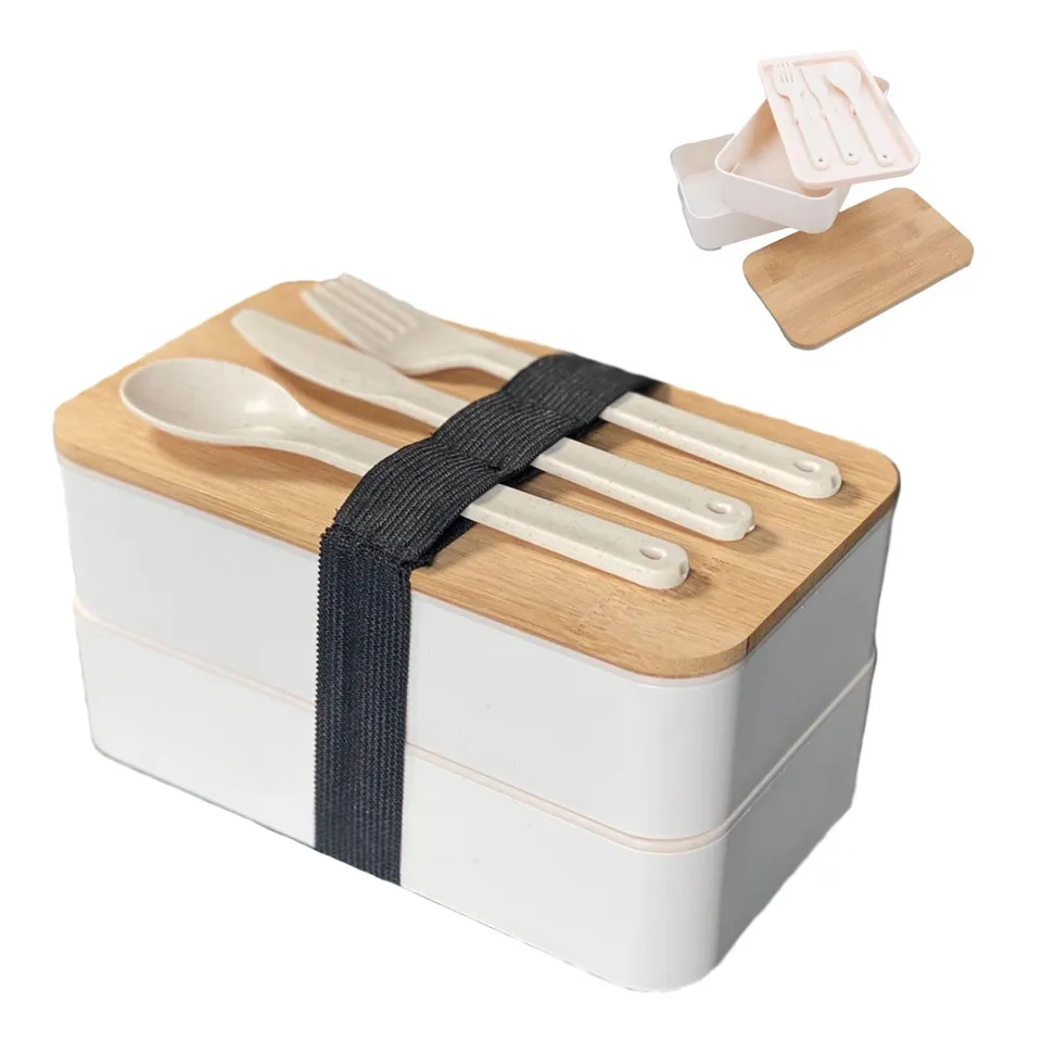 Intirilife Bento Box Lunchbox weiß 2 Ebenen Bambusdeckel Besteck