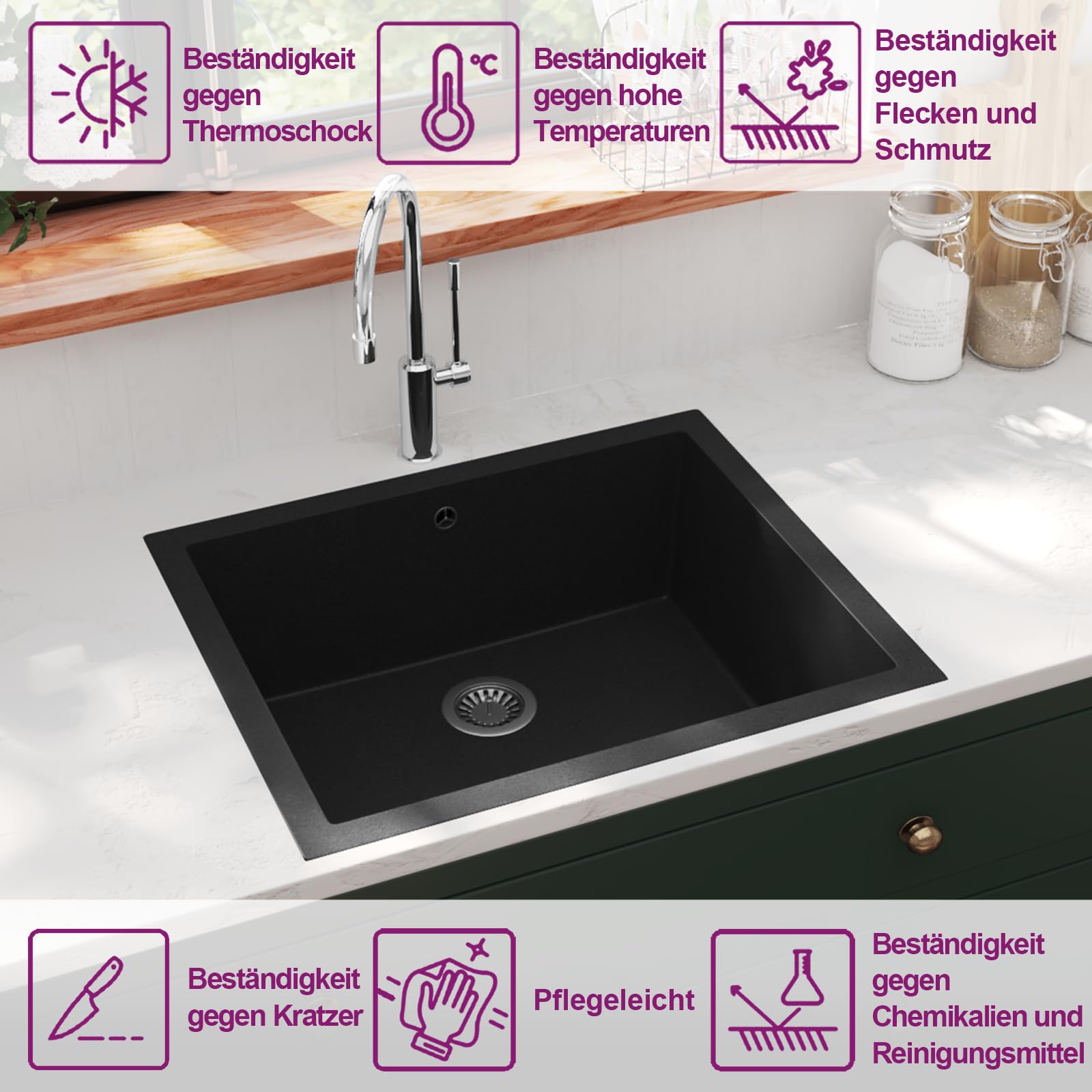 vidaXL Küchenspüle Granitspüle Schwarz Granit 550x460 mm