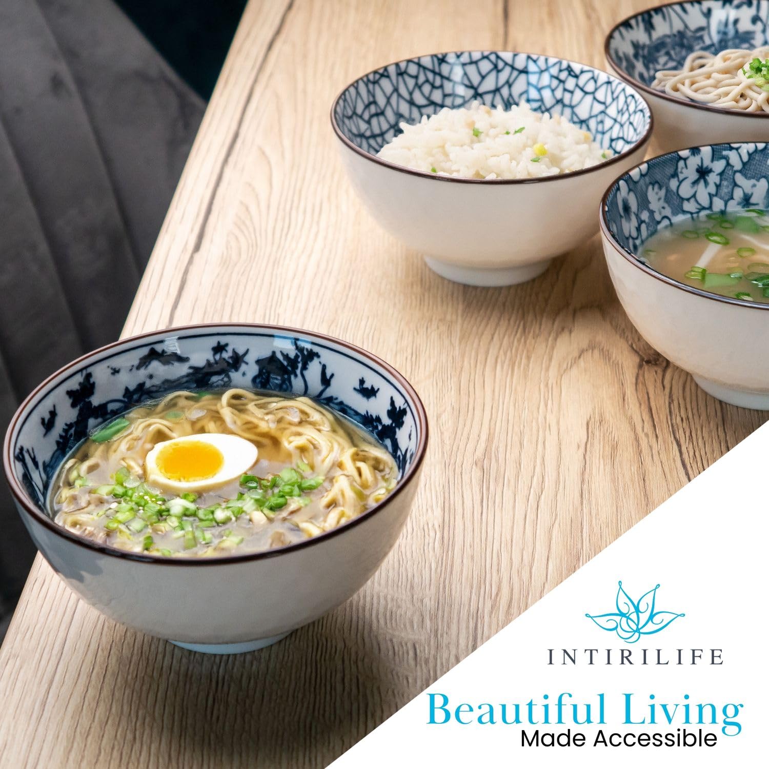 Intirilife Japan Schalen Set Porzellan Blau Weiß 4-teilig
