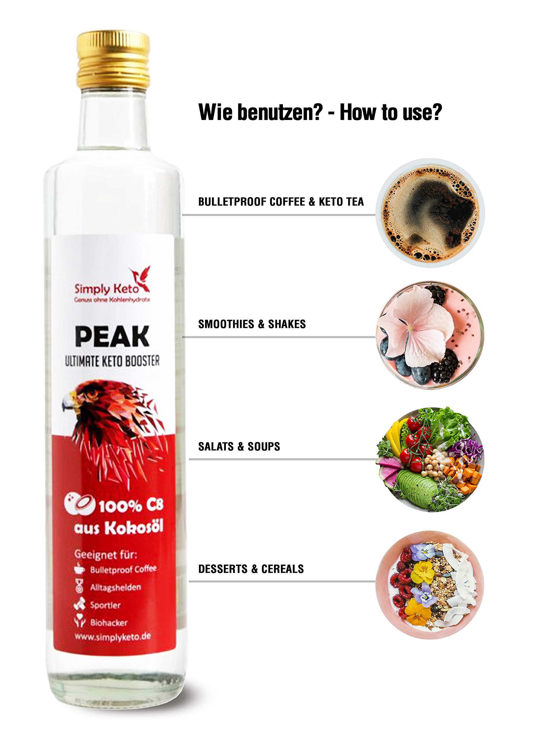 Simply Keto Peak C8 MCT Öl 500ml Kokos geschmacksneutral
