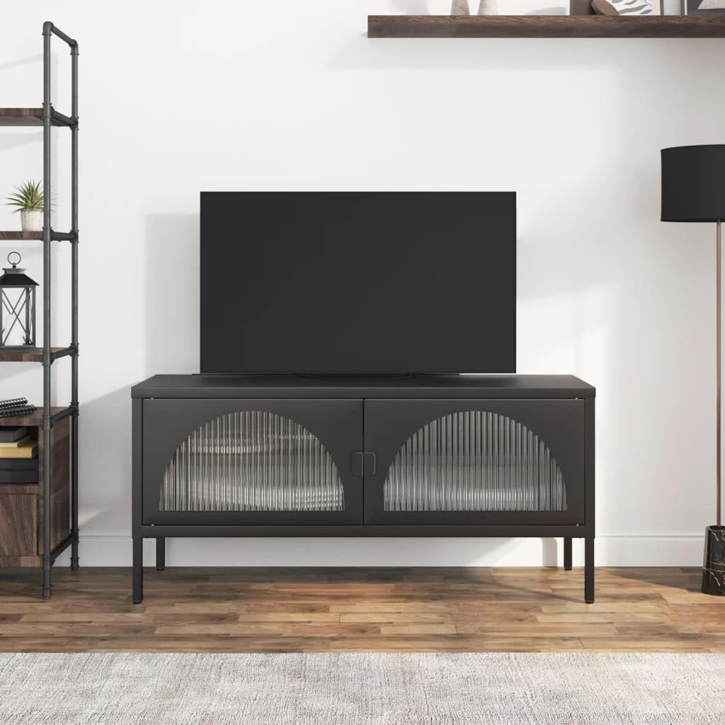 vidaXL TV-Schrank 105x35x50 cm Glas Stahl Schwarz Riffelglas