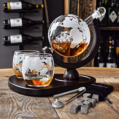 Mikamax Globe Decanter Whisky Karaffe 900 ml Set 2 Gläser Steine