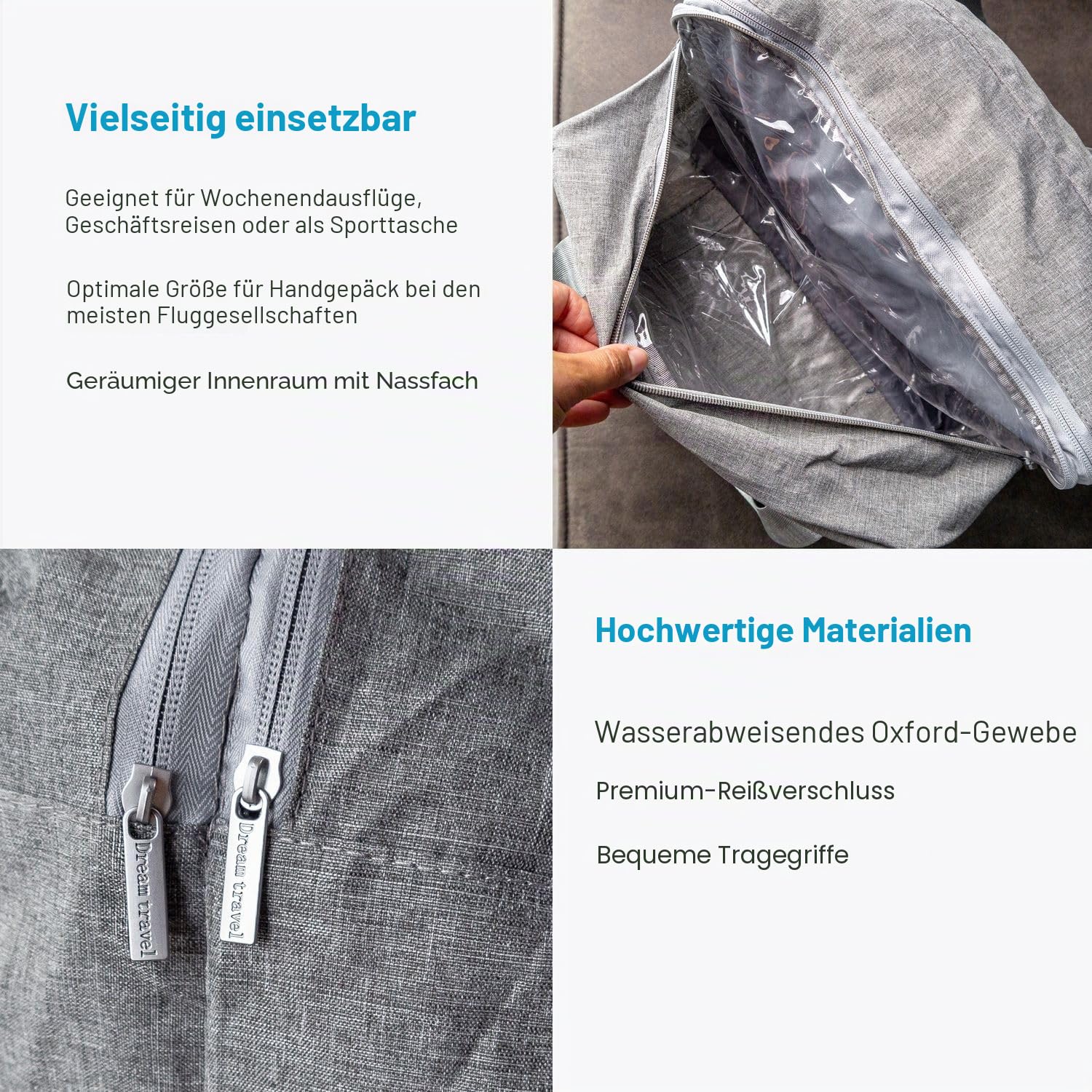 Intirilife Reisetasche Grau 40x17x30 cm wasserabweisend