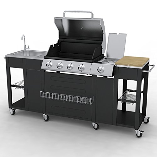 vidaXL Gas-Grill 2900W Schwarz Edelstahl mit Spüle Grillwagen