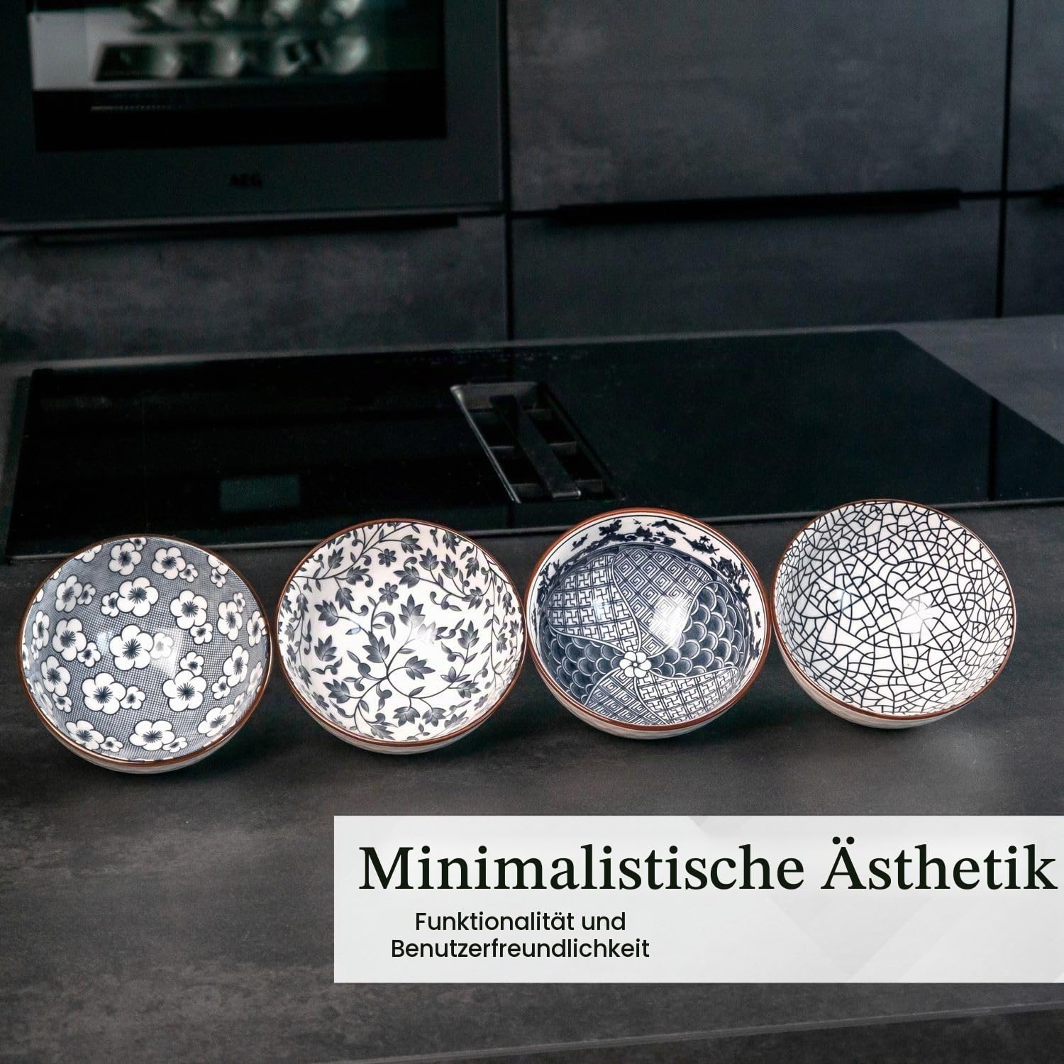 Intirilife Japan Schalen Set Porzellan Blau Weiß 4-teilig