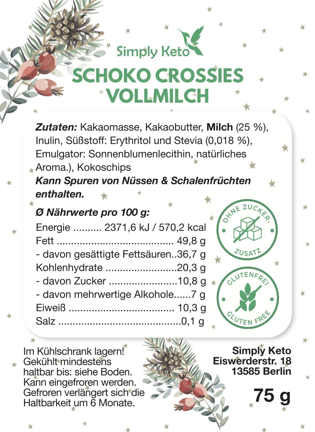 Simply Keto Schoko Crossies 75g Kokos Vollmilch