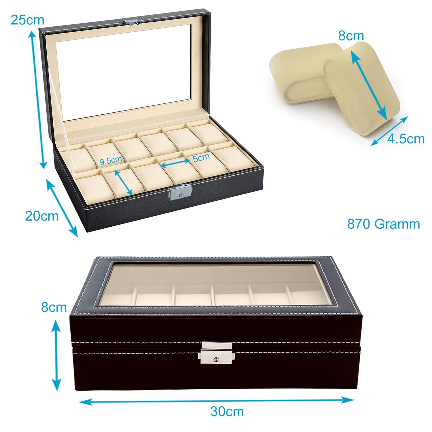 Intirilife Uhrenbox 12 Uhren Schwarz Glasdeckel 30x20x8 cm