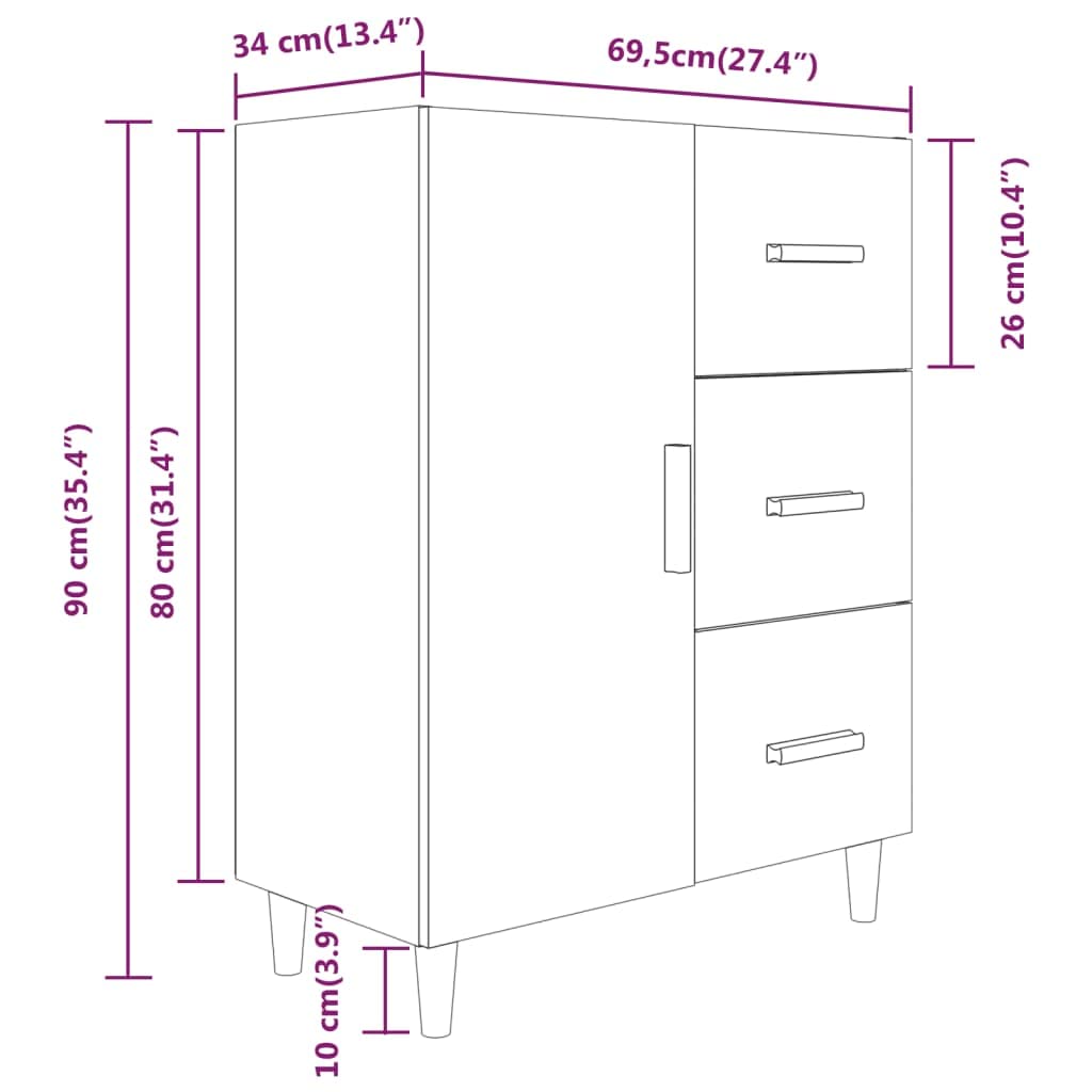 vidaXL Sideboard Weiß 69,5x34x90cm Holzwerkstoff 3 Schubladen