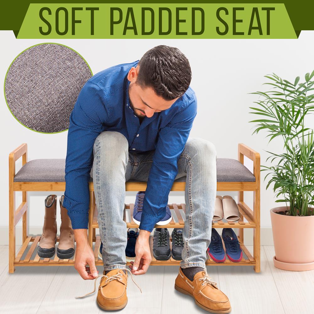 Serenelife Schuhbank Bambus 3-stufig mit Sitzkissen Natur