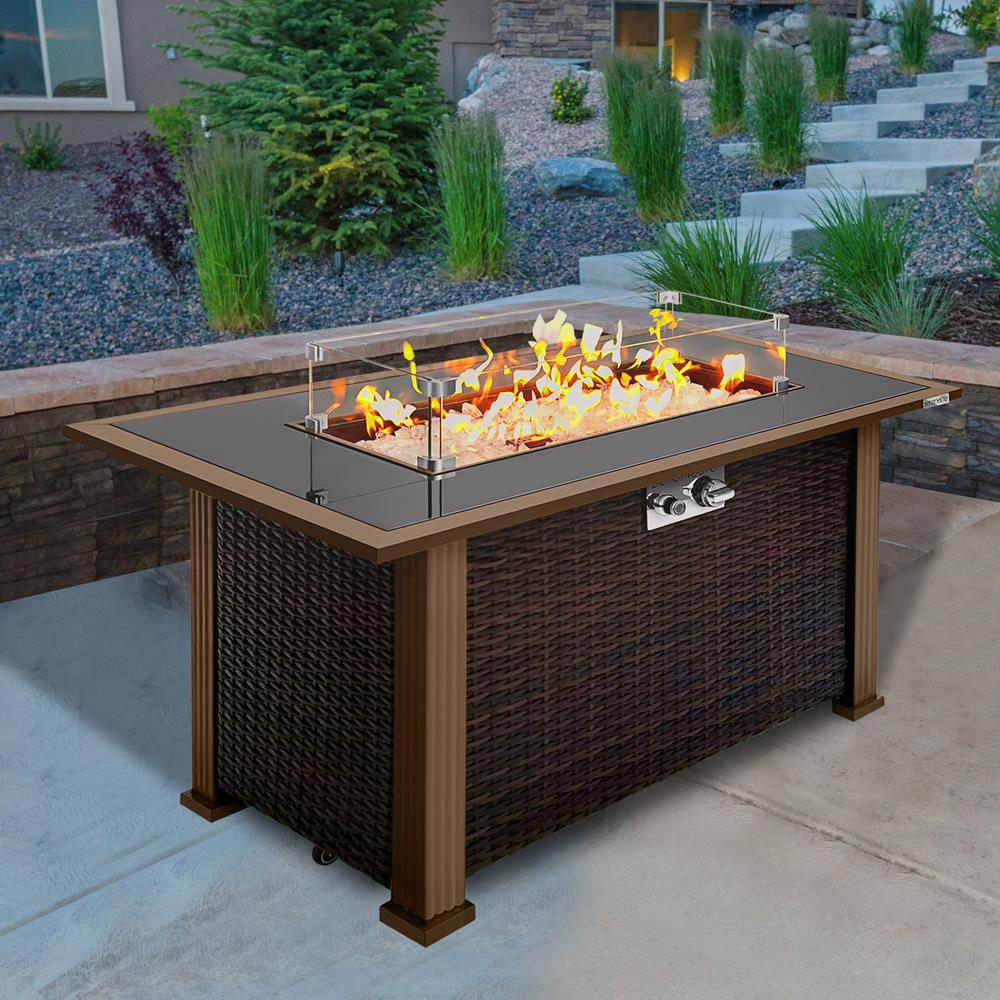 Serenelife Fire Pit Feuertisch Propan 50000 BTU Rattan Glas