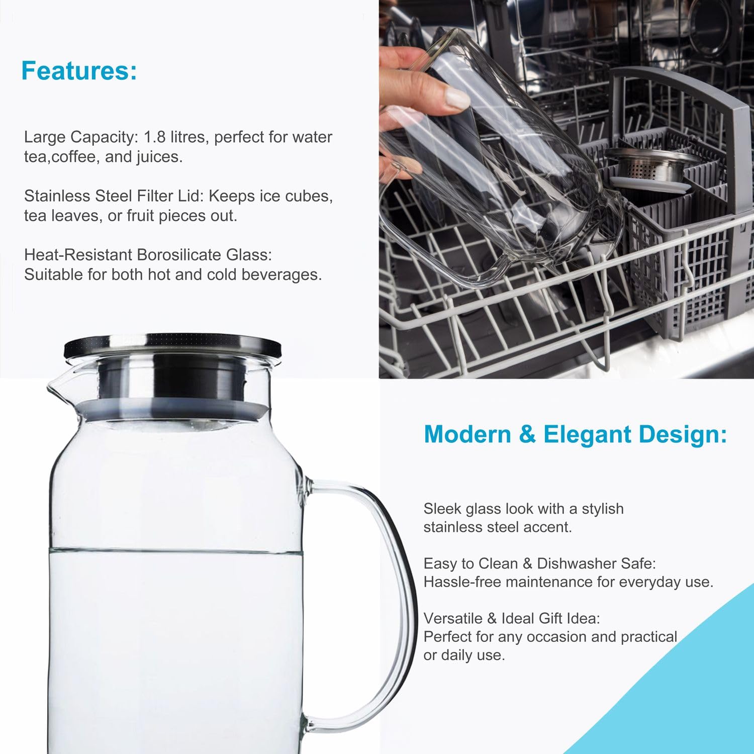 Intirilife Karaffe mit Filter 1,8l Glas klar