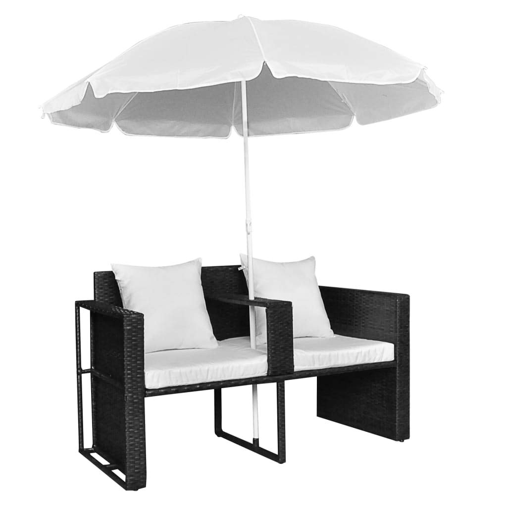 vidaXL Heim & Garten Gartenbett Poly Rattan Schwarz-Weiß mit Schirm