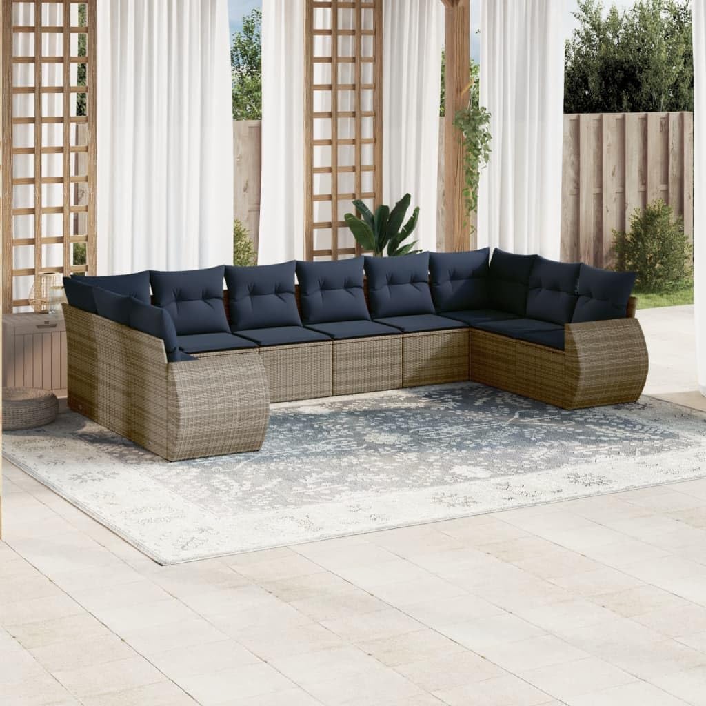 vidaXL Heim & Garten 10-tlg Gartensofa-Set Polyrattan grau-blau Kissen