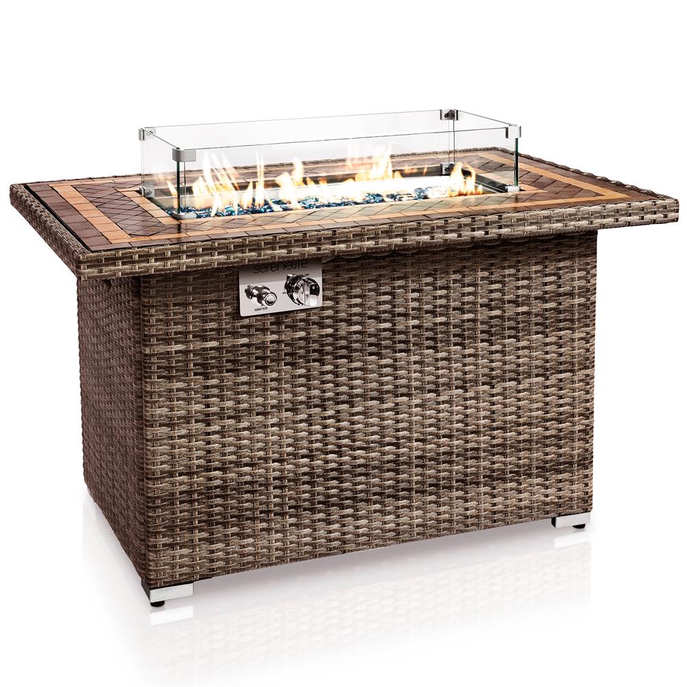 Serenelife Feuertisch Gas 50000 BTU Rattan Fliesen Windschutz