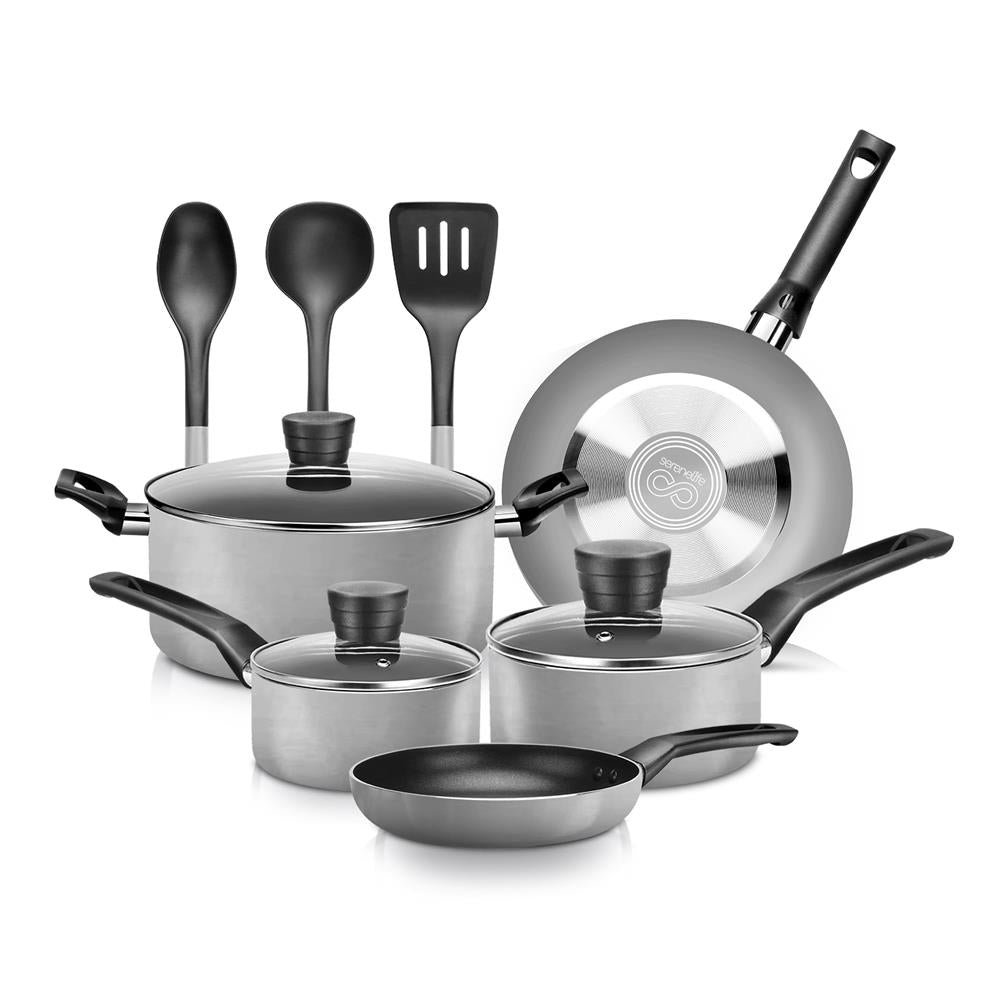 Serenelife Cookware 11-teiliges Topfset Pfannenset schwarz Antihaft