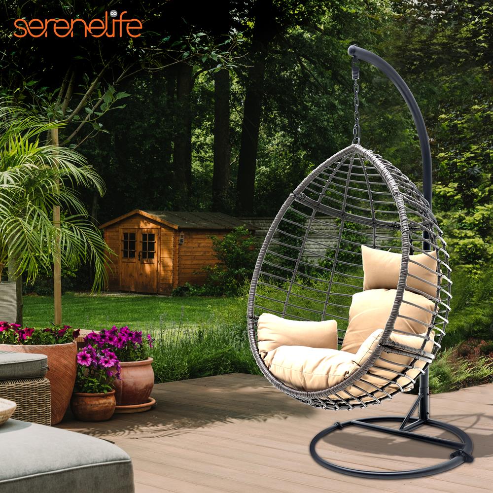 Serenelife Furniture Hängesessel Rattan Braun Egg Chair UV Kissen