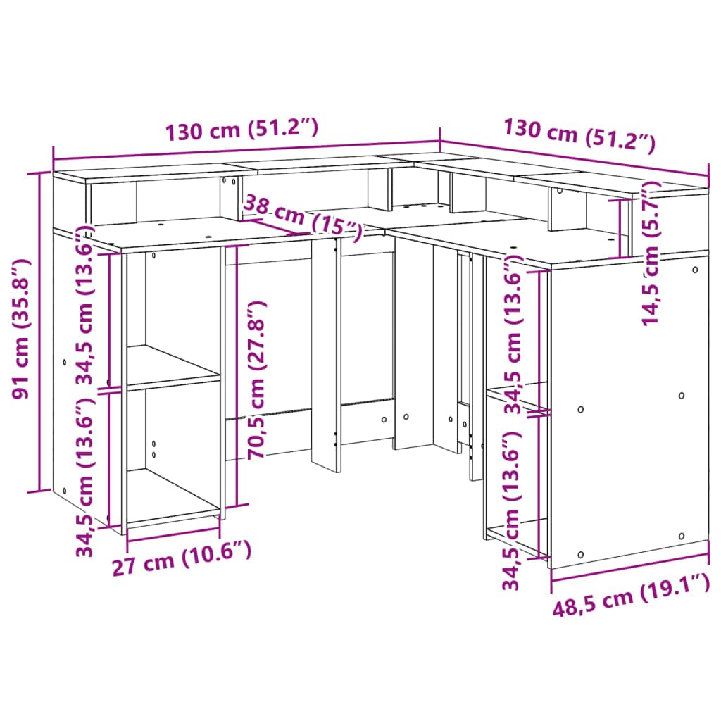 vidaXL LED-Schreibtisch 130x130 Eckschreibtisch Betongrau