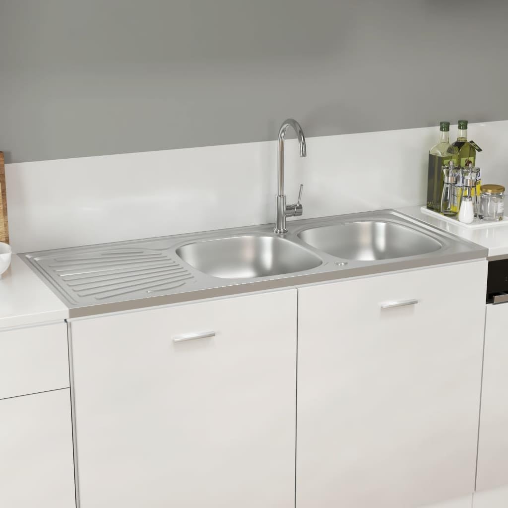 vidaXL Doppelspüle Edelstahl 1200x500mm Silber Abtropffläche