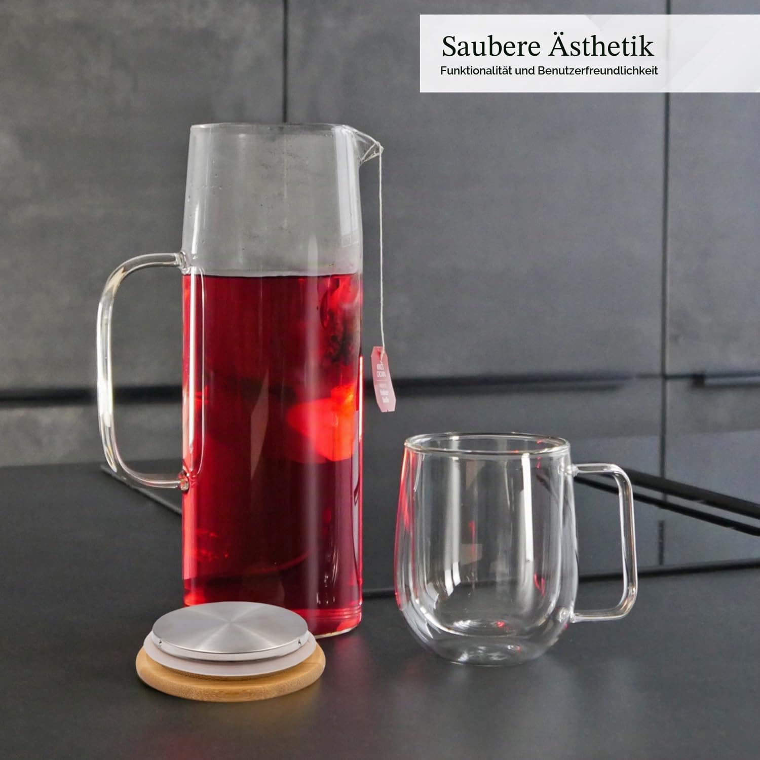 Intirilife Glaskaraffe Borosilikatglas 1,3 L Bambusdeckel
