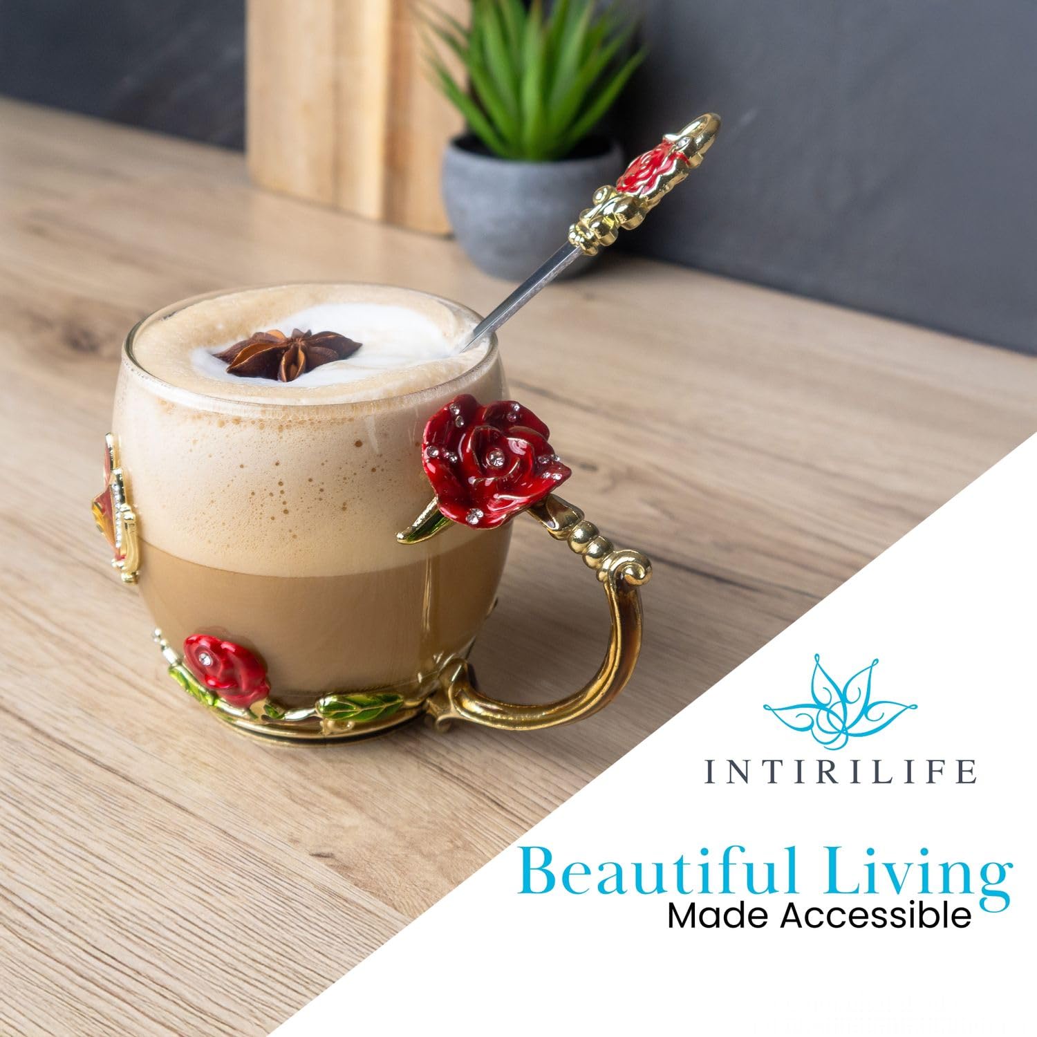 Intirilife Schmetterling Blumentasse Glas 330 ml mit Löffel