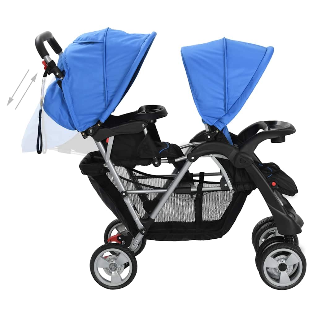 vidaXL Baby Tandem-Kinderwagen Stahl Blau für 2 Kinder