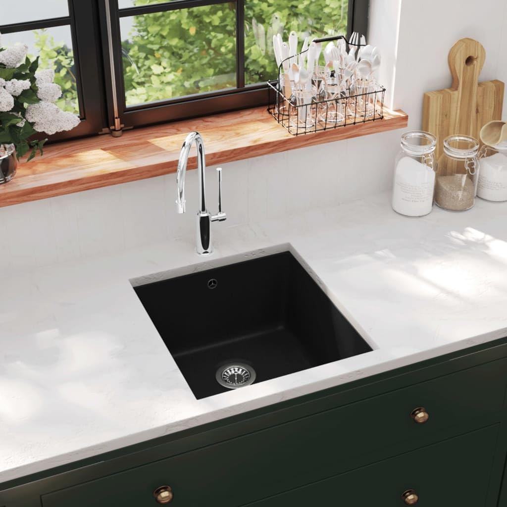 vidaXL Granitspüle Einzelbecken Schwarz Spüle 42 cm hitzebeständig