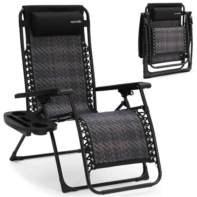 Serenelife Zero Gravity Stuhl Rattan Braun mit Tisch faltbar