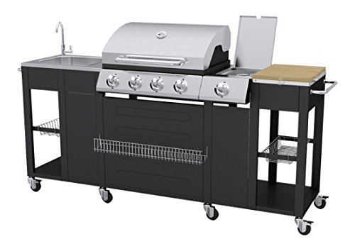 vidaXL Gas-Grill 2900W Schwarz Edelstahl mit Spüle Grillwagen