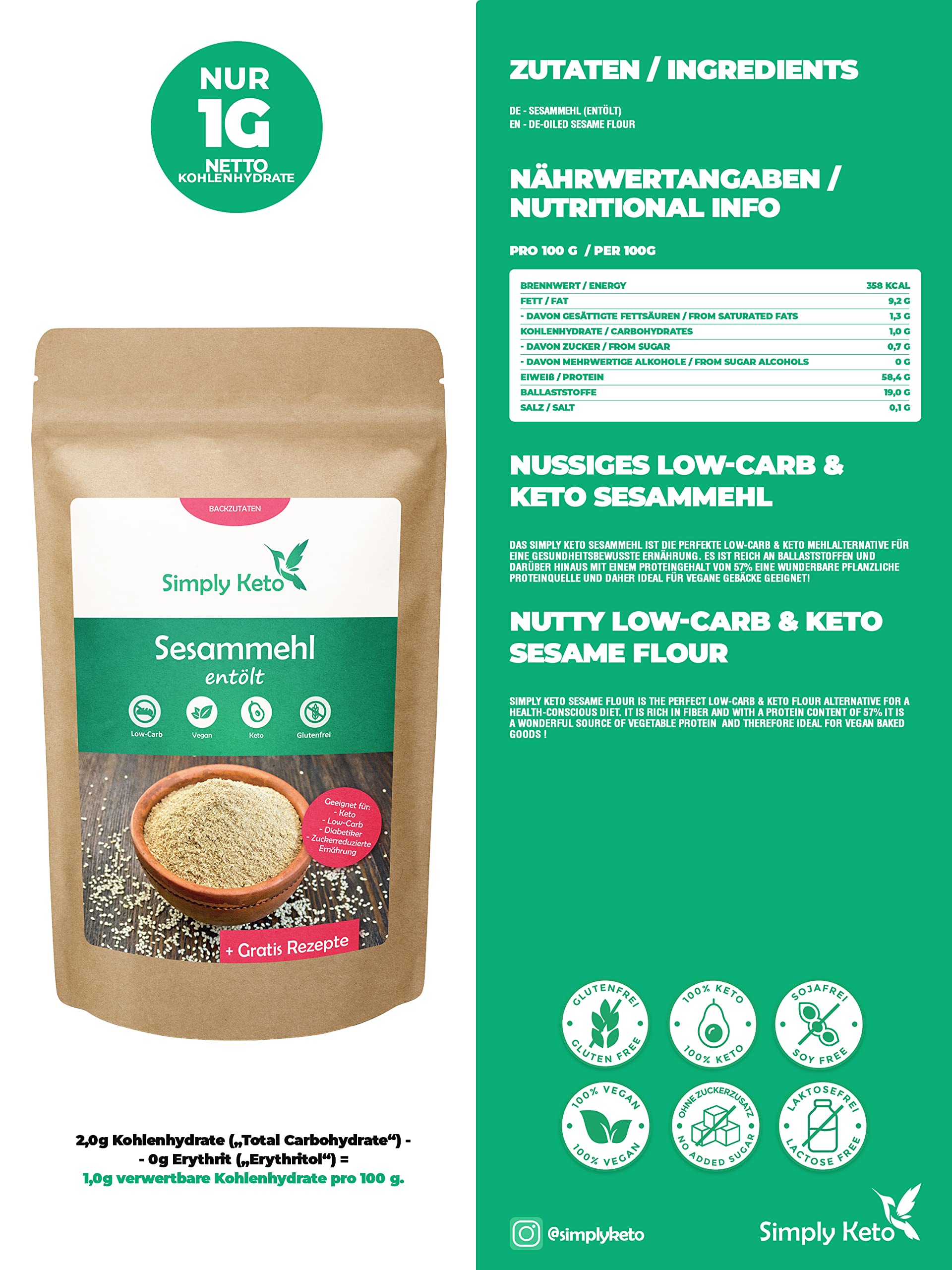 Simply Keto Sesammehl entölt 500 g Low Carb proteinreich