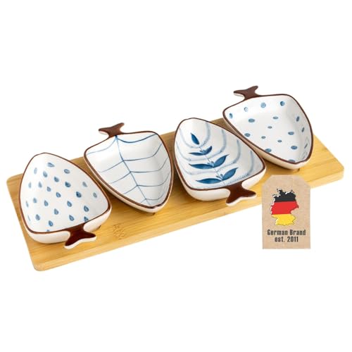 Intirilife Dip-Schalen Set 4 Schälchen Keramik blau-weiß mit Tablett