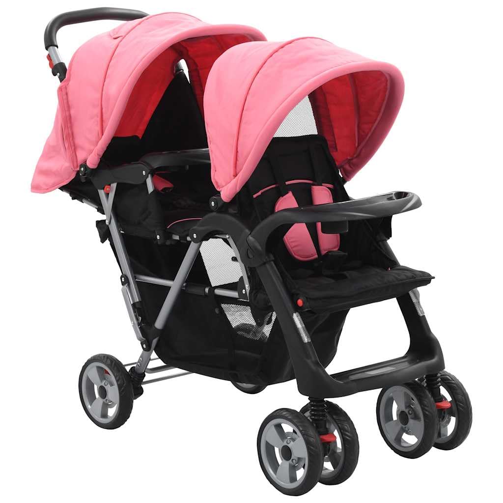 vidaXL Baby Tandem-Kinderwagen Stahl Blau für 2 Kinder
