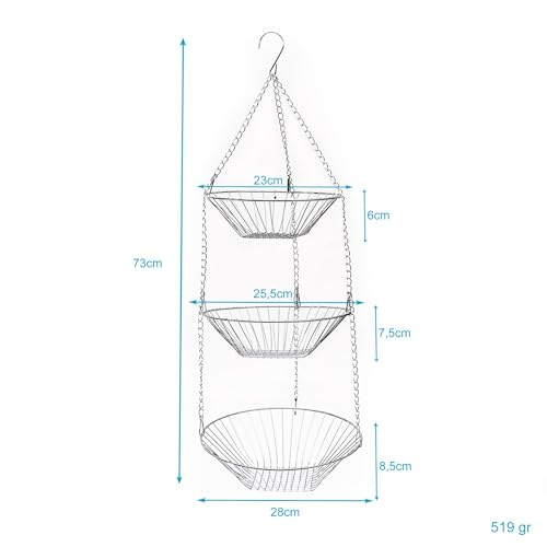 Intirilife Küchenampel Hängekorb silber 3-etagig Obstkorb 73 cm