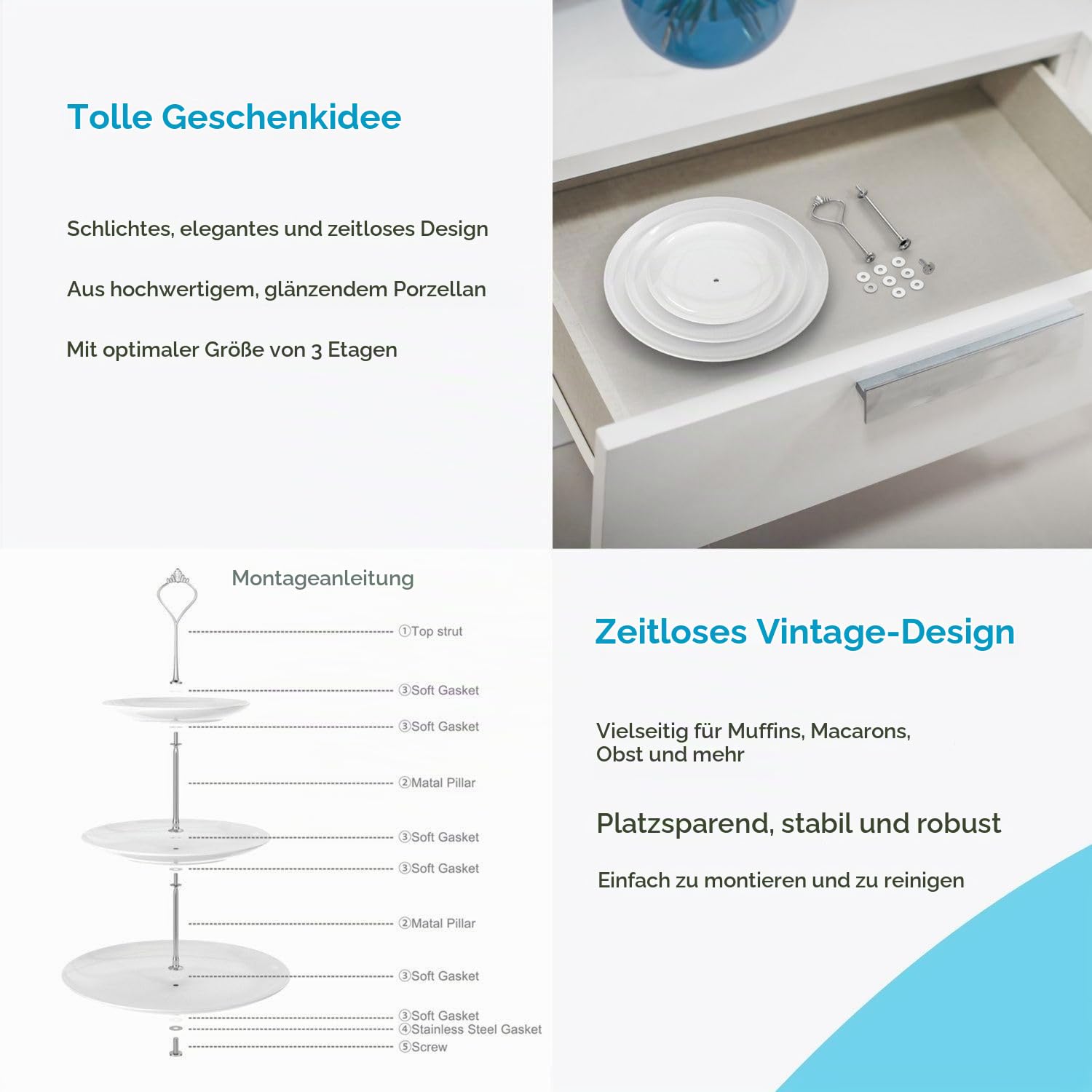 Intirilife Tortenständer Porzellan 3-stöckig Weiß 26,5 cm