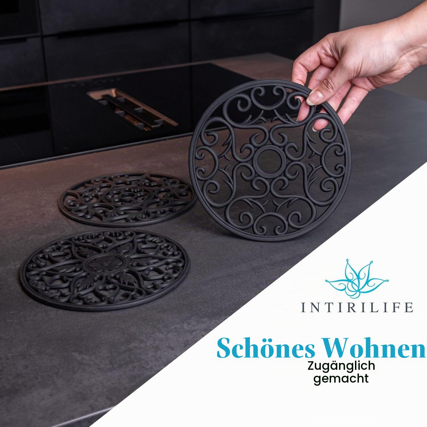 Intirilife Topfuntersetzer Silikon Schwarz 19,5 cm 3 Stück