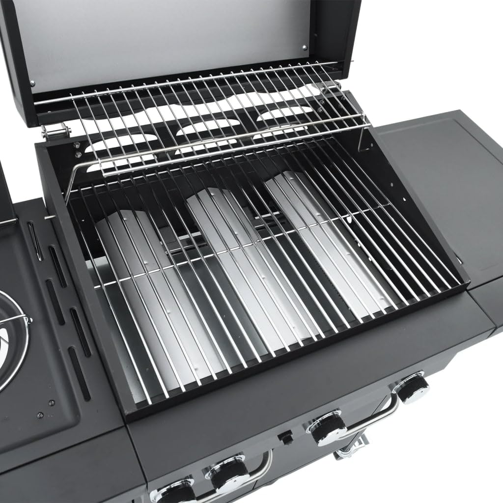 vidaXL Gasgrill 4 Flammen Schwarz Stahl mit Grillwagen