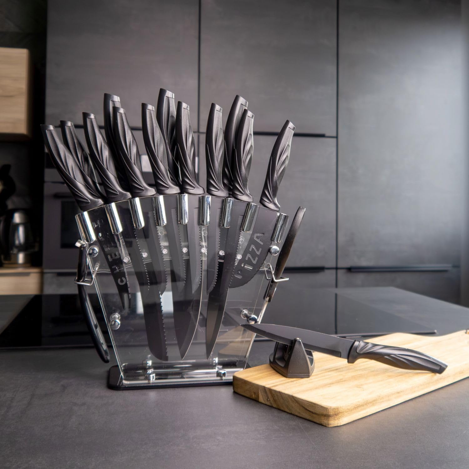 Intirilife Messerset 17-teilig Messerblock Schwarz Edelstahl