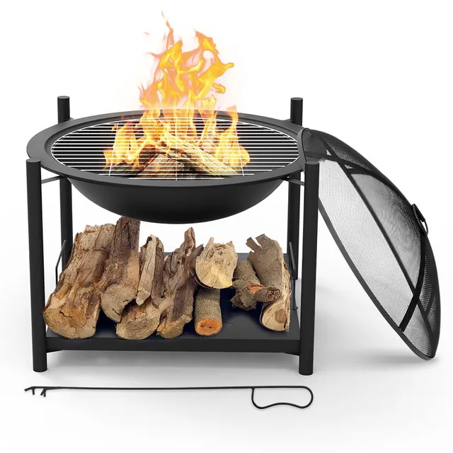 Serenelife Fire Pit Feuerschale 26 Zoll mit Grill Schwarz