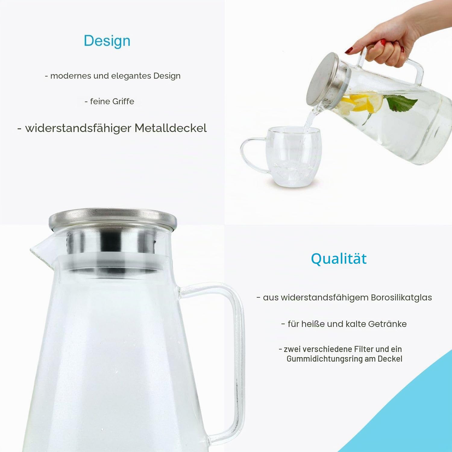 Intirilife Glaskaraffe 1500 ml Borosilikatglas Filterdeckel