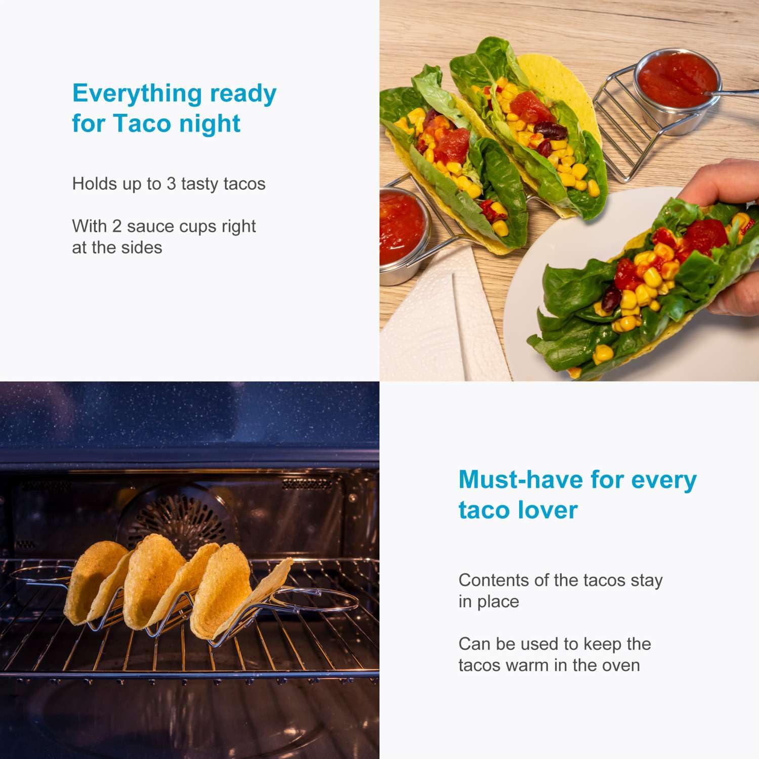 Intirilife Taco Halter Edelstahl für 3 Tacos mit Dipschalen