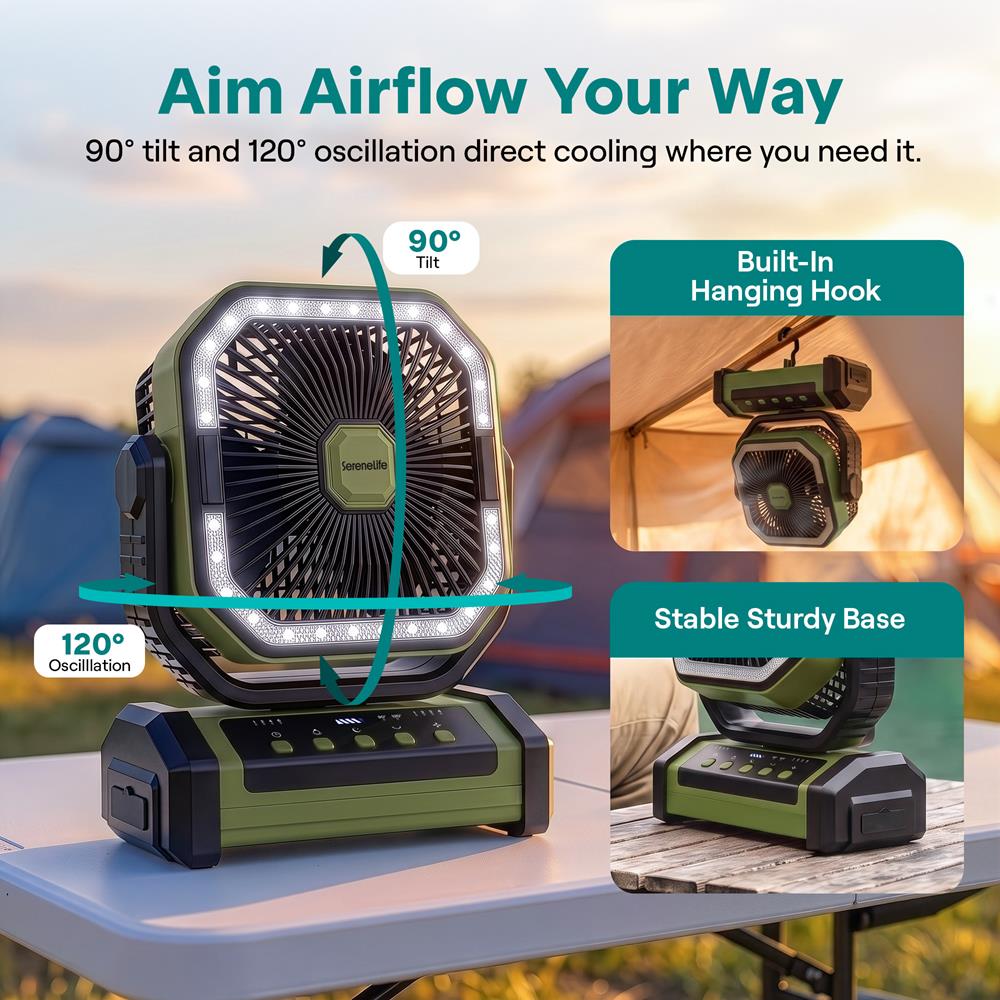 Serenelife Camping Ventilator 10000 mAh Tischventilator Grün LED