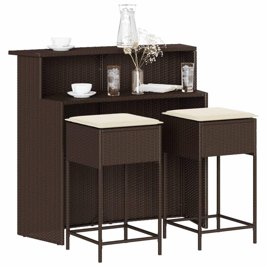 vidaXL Gartenbar-Set 3-TLG Poly Rattan Braun mit Kissen