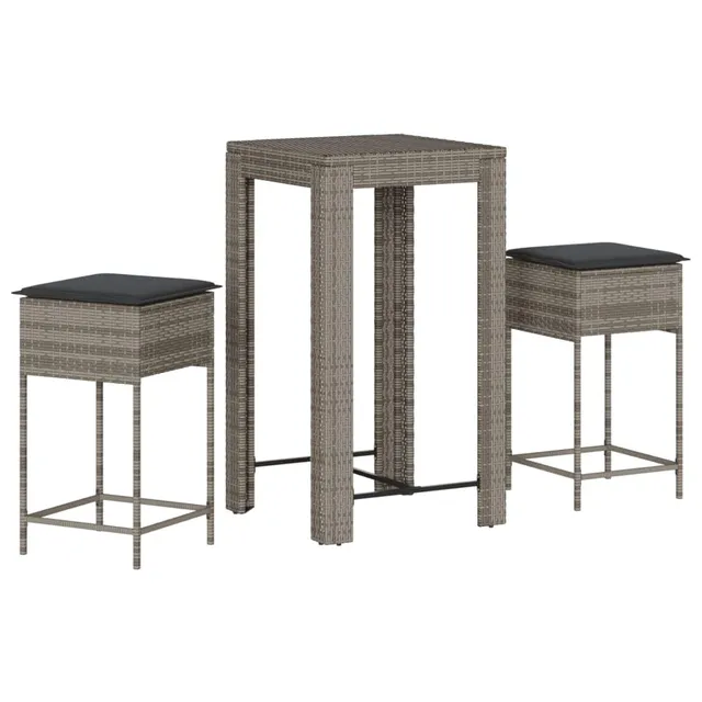 vidaXL Gartenbar Set 3-TLG Poly Rattan Grau mit Kissen